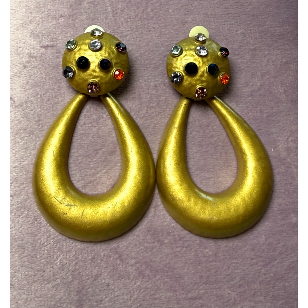 Zara Gold Tone Tear Drop Door Knocker Clip Earrings Rhinestone Dome Big & Bold